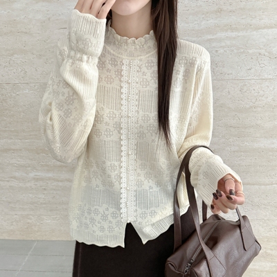 高品质细羊毛半高领花边下摆开叉毛衣蕾丝打底衫秋冬新款内搭女装