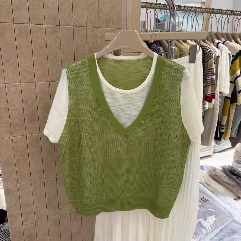 韩版轻奢竹节麻假两件V领马甲