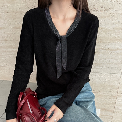 本店实拍&不起球天鹅绒飘带压钻打底衫内搭加厚保暖韩版气质女装