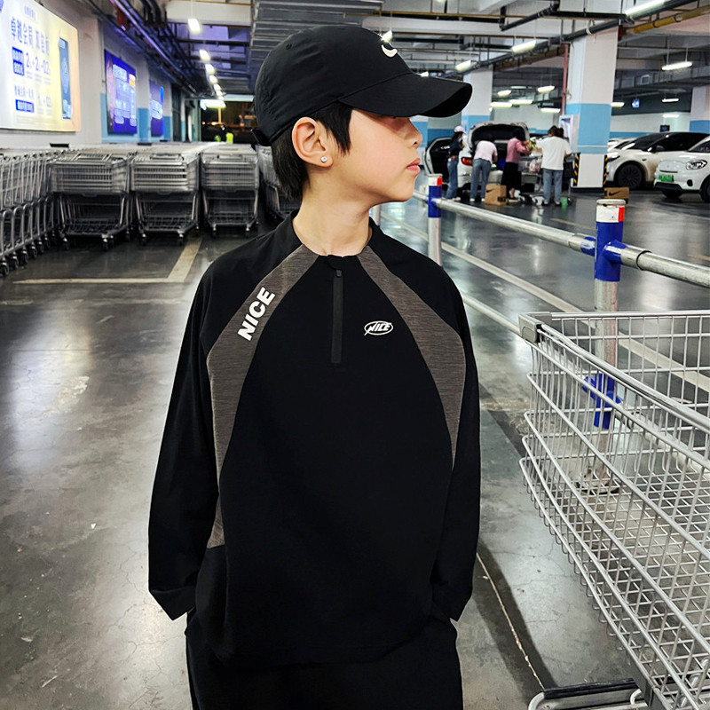 【图本图】2025夏装男童速干拼接长袖T恤儿童简约打底衫训练服潮