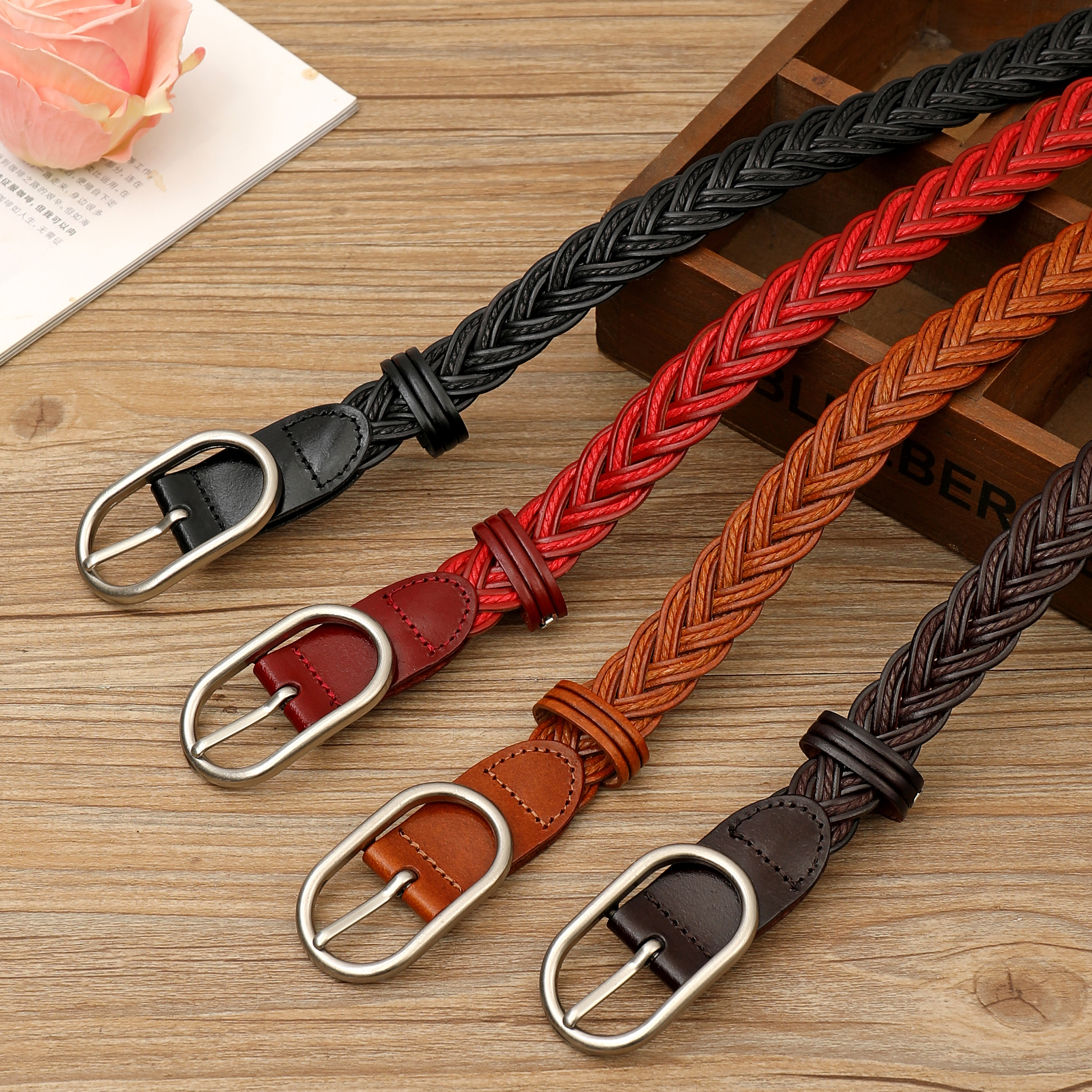 【100%手工编织】免打孔宽腰带女款百搭真皮带女士配裙子牛仔裤带