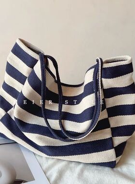 韩版条纹时尚单肩包帆布包逛街旅行包帆布包上班族通勤女大容量