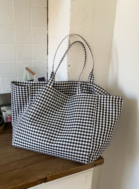 夏季ins时尚文艺慵懒风单肩购物袋今年流行大容量格子帆布托特包