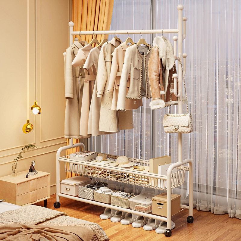 奶油风卧室落地挂衣架宿舍可移动带轮家用简易阳台衣帽架子晾衣架