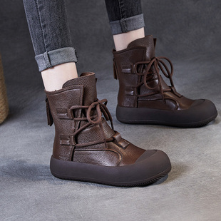 牛皮休闲马丁靴女厚底2025新款 真皮软底平底短靴子潮 秋冬复古爆款