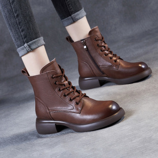 头层牛皮英伦风马丁靴女粗跟显脚小2025新款 秋冬显瘦低跟软底短靴