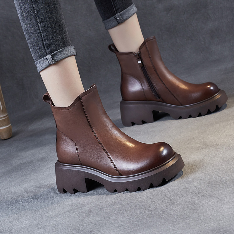 棕色软皮面增高马丁靴女轻便舒适
