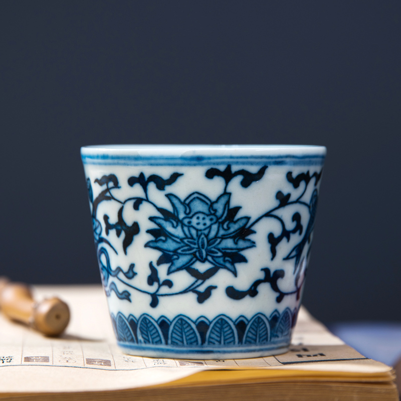 景德镇仿老厂厂货复古青花缠枝莲双鱼普洱茶茶杯品茗杯主人杯茶具