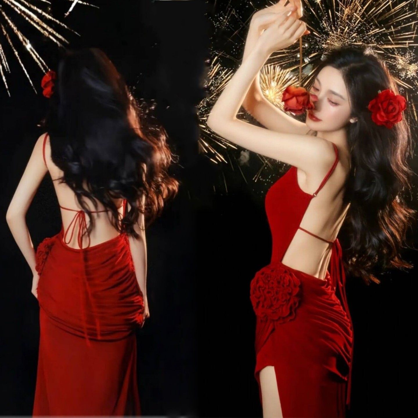 影楼新款个人新年主题氛围感成熟性感高级红色礼服裙写真摄影服装