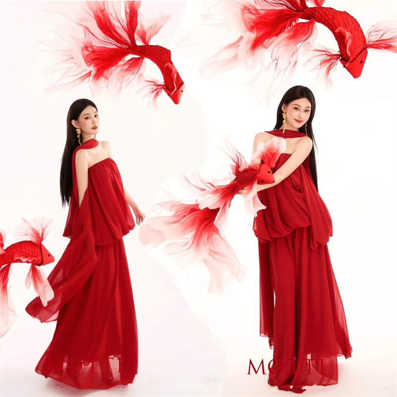 影楼新款国风锦鲤主题红色抹胸写真个人中式氛围感艺术照摄影服装