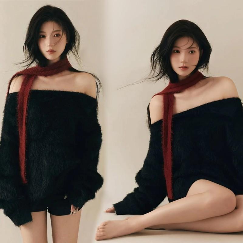 影楼新款慵懒纯欲风斜肩毛衣秋冬时尚个性女孩唯美艺术照摄影服装