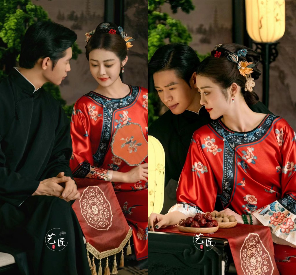 影楼新款服装情侣写真拍照摄影婚纱礼服红色印花民国风肖像照旗袍