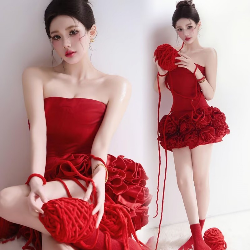 新款影楼红色肖像写真照主题高级氛围个性抹胸艺术照气质摄影服装