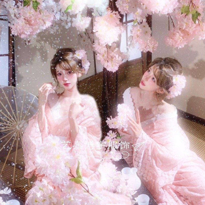 影楼新款和服女改良正装日系荷叶边粉色蕾丝和服浴衣写真摄影服装