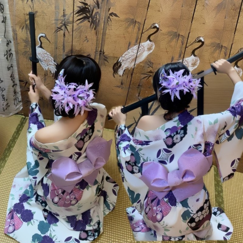 影楼新款日系紫花改良和服连衣裙
