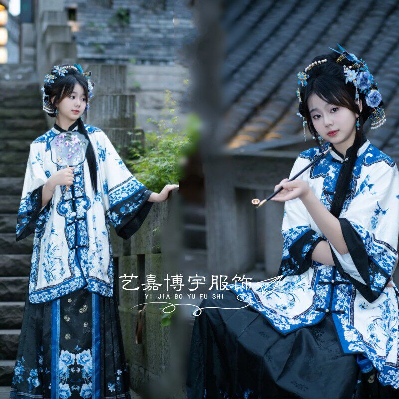 青花清汉女印花对襟汉服写真衣服