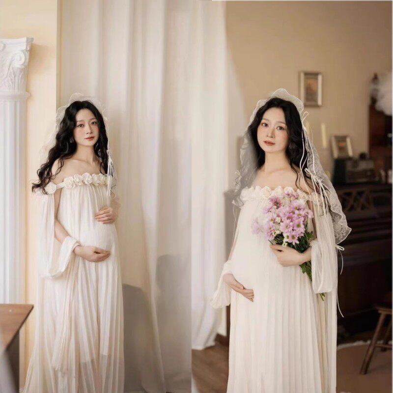 影楼孕妇主题新款法系花朵白色连衣裙高端气质孕妇艺术照摄影服装