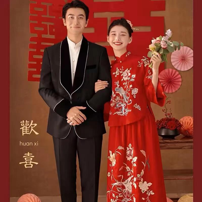 影楼囍中式红色印花旗袍