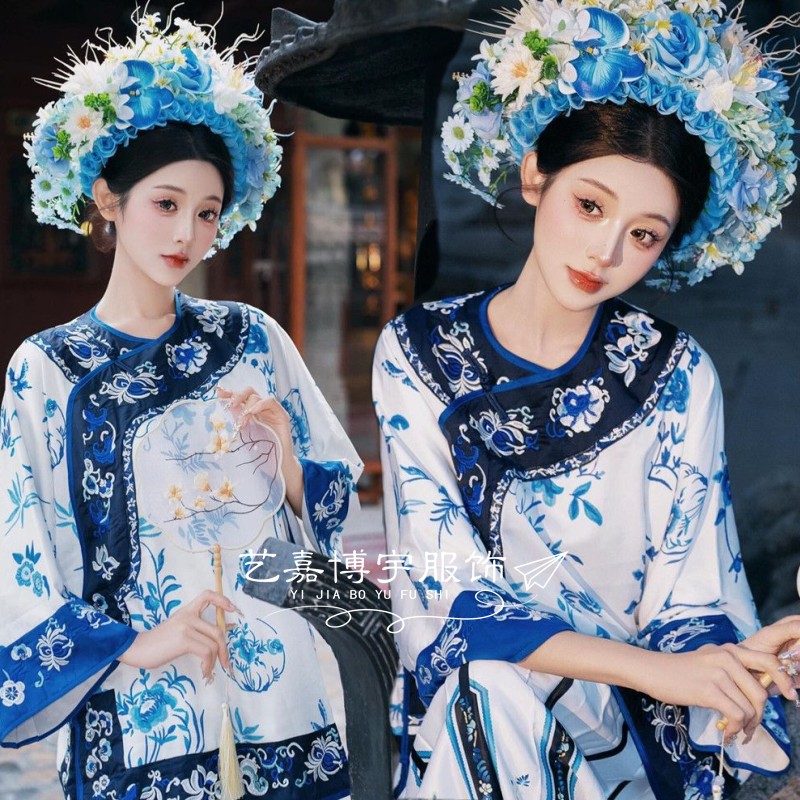 簪花汉服写真复古青汉女格格服饰