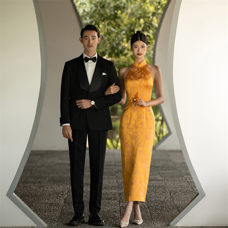 中式旗袍美背珍珠修身婚