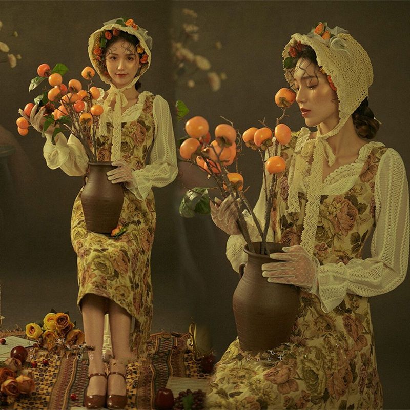 法式女个人写真碎花连衣裙服装