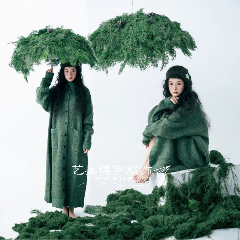 影楼新款少女写真服装绿色清新慵懒风针织毛衣艺术氛围感摄影服装