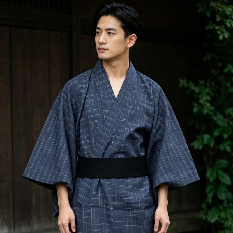 影楼男士日系和风藏青格浴衣