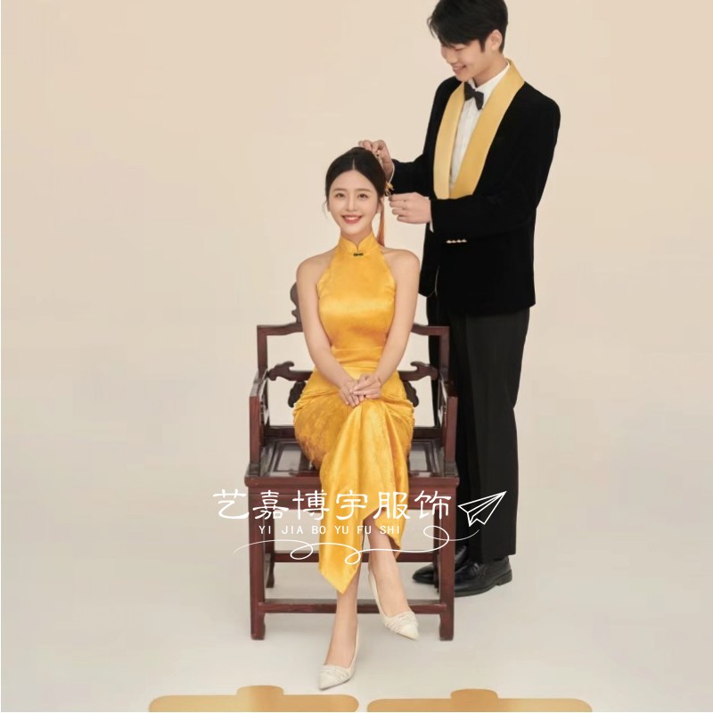 新款影楼拍照主题服装情侣摄影中式旗袍美背修身国风复古婚纱礼服