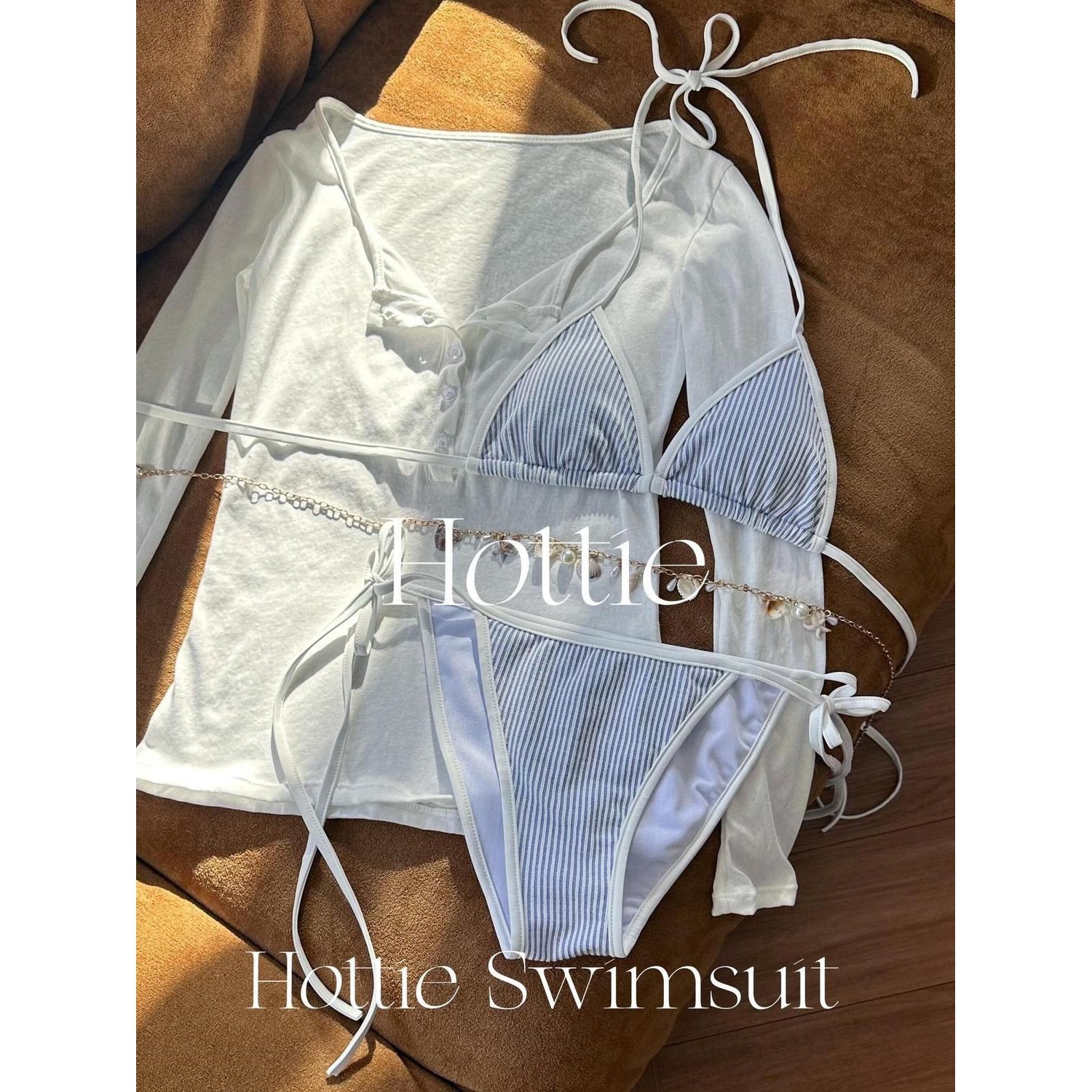 性感度假风条纹比基尼女分体式