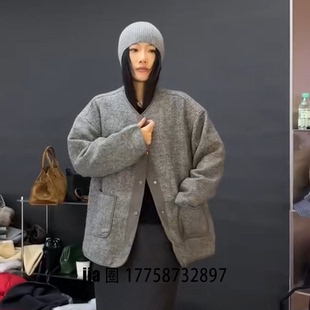 2025秋冬新品 价私问 灰色无领宽松棉服外套女