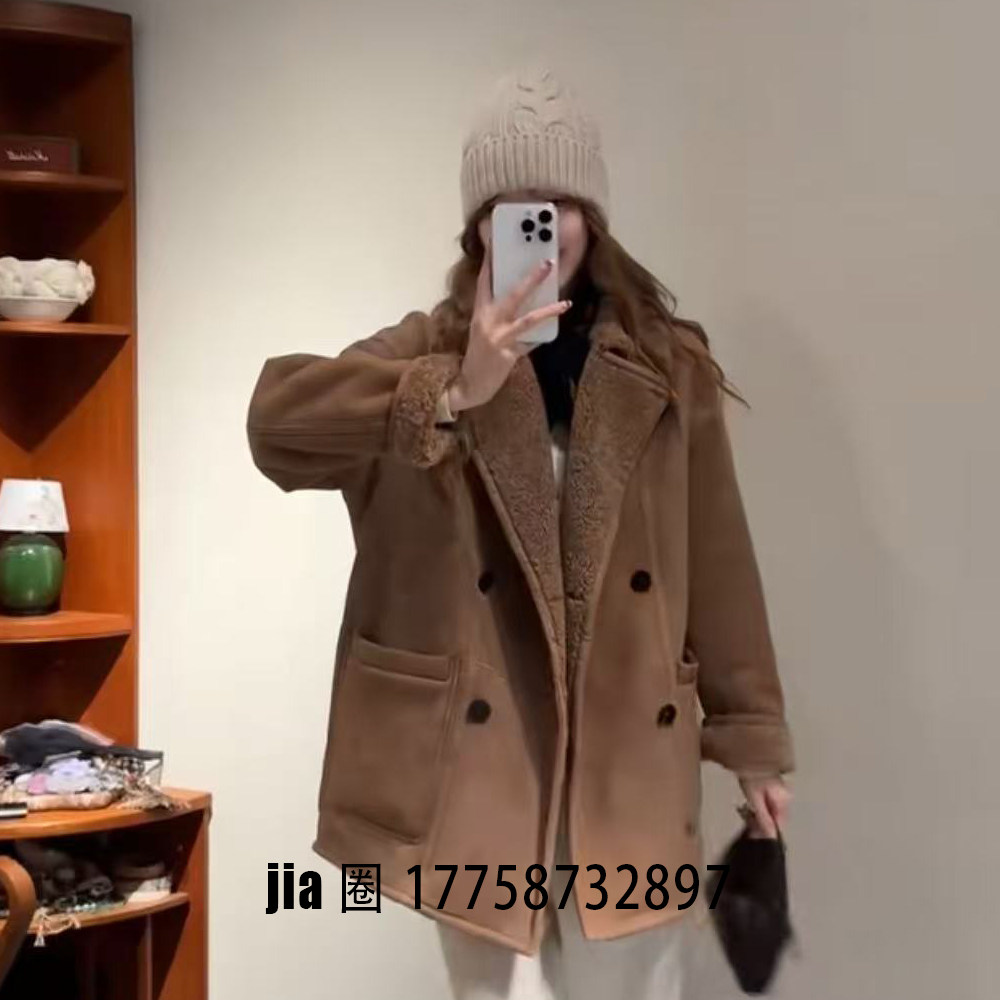 2025秋冬新品中长款皮毛一体咖啡色外套女  价私问