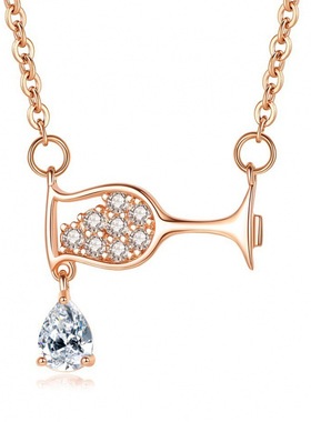 新款水滴酒杯项链 时尚简约闪亮锆石杯子吊坠饰品