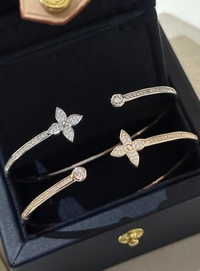 S925纯银 四叶草带钻简约排钻开口手环手饰轻奢风高级感轻奢手镯