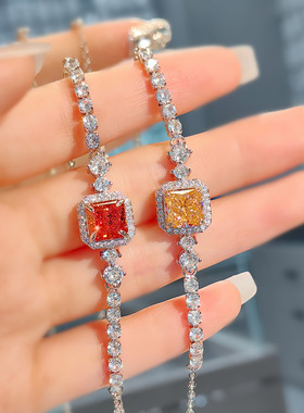 时尚百搭超闪冰花切日落橙帕帕拉恰手链女镶嵌公主方中国红高碳钻