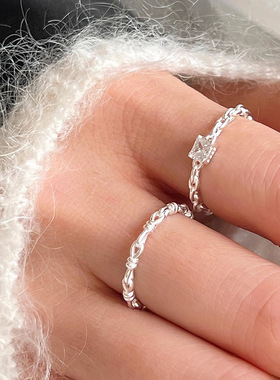 s925纯银方钻素戒女ins冷淡风简约镂空链条戒指ins高级感开口指环