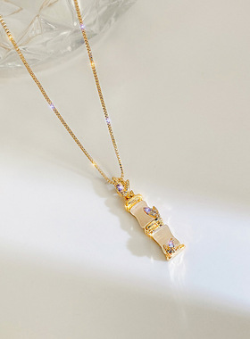 新款竹节吊坠钛钢项链欧美女轻奢风锁骨链百搭小众猫眼石饰品 ins