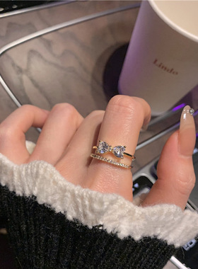 超闪双层蝴蝶结微镶锆石戒指女2021年新款轻奢开口食指戒个性戒子