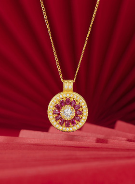 银城S925纯银花窗罗盘项链女红锆石玫瑰双色吊坠新中式国潮锁骨