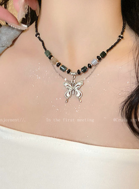新中式蝴蝶串珠项链女ins嘻哈潮酷辣妹配饰民族风复古装饰锁骨链