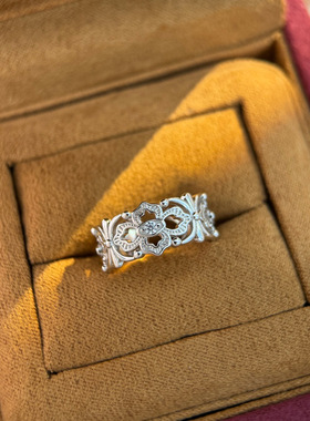 S925纯银精工高级感布契风镂空开口戒指均码轻奢宫廷风复古戒子