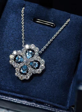 四叶草项链轻奢小众满钻海蓝宝锁骨链ins冷淡风项饰2021年新款女