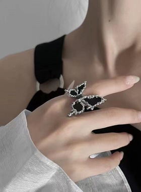 黑色蝴蝶戒指女开口可调节时尚个性夸张小众设计高级感冷淡风指环