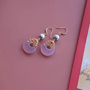 新中式若春风兰亭别院原创粉偏心圆耳饰春款平安扣耳环无耳洞耳夹