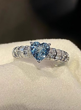 精工高碳钻人工圣玛利亚色心形海蓝宝钻石戒指轻奢冰花切爱心女戒