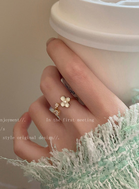 滴釉花朵珍珠锆石戒指女气质开口可调节食指戒小众设计感高级指环