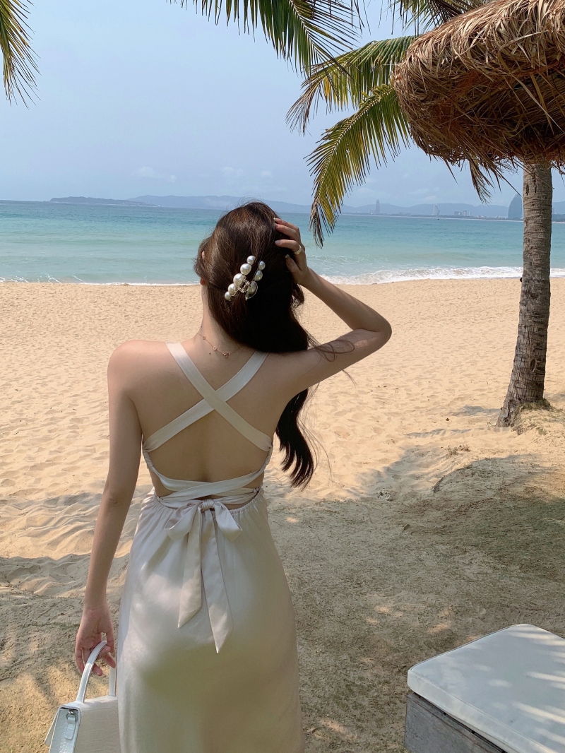 Real shot suspender dress women's sexy cross bandage open back mid length dress 2021 summer French retro dress