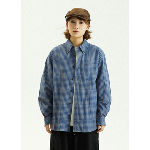 长袖 男女款 上衣宽松简约休闲衬衣 复古格子蓝色衬衫 GoodNorth秋季