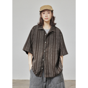 GoodNorth日系复古棉麻条纹短袖衬衫男女夏季宽松廓形cityboy衬衣