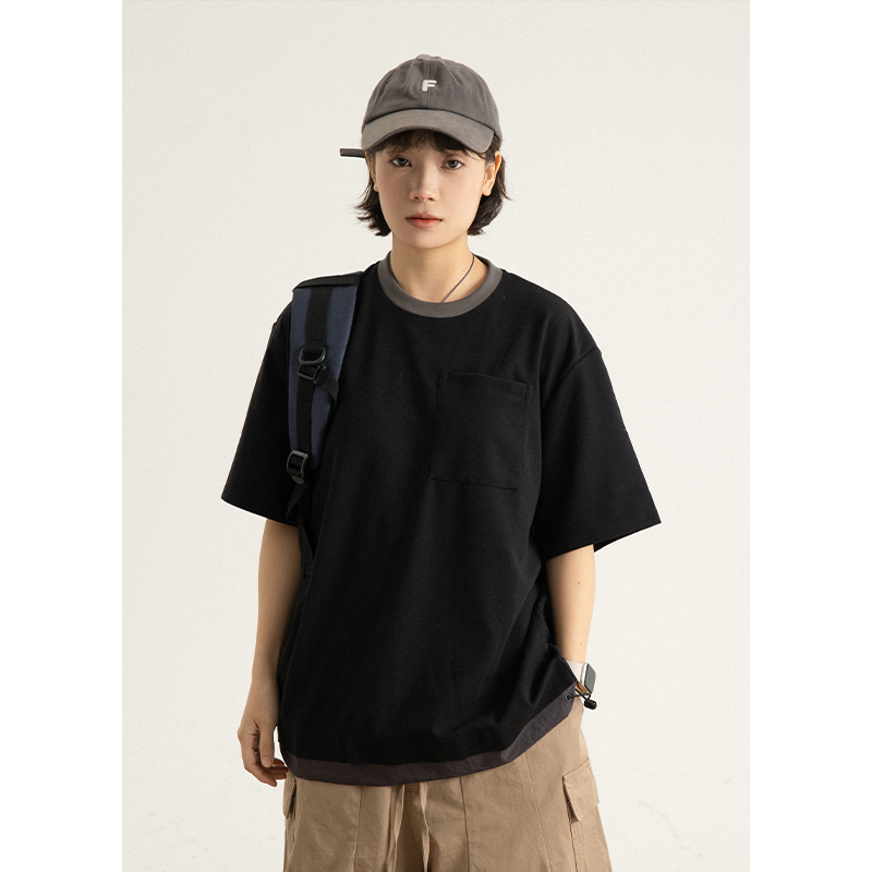 GoodNorth夏日系拼色短袖T恤男女同款宽松中性风工装口袋上衣半袖