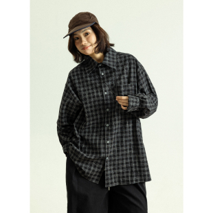 男女款 廓形黑色格子衬衫 慵懒宽松格纹休闲衬衣 长袖 GoodNorth春季